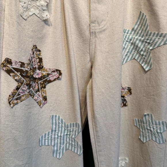 🌟SALE 132 Pol Cream Oatmilk Star Patches Boho Pant FIRM - Picture 3 of 11